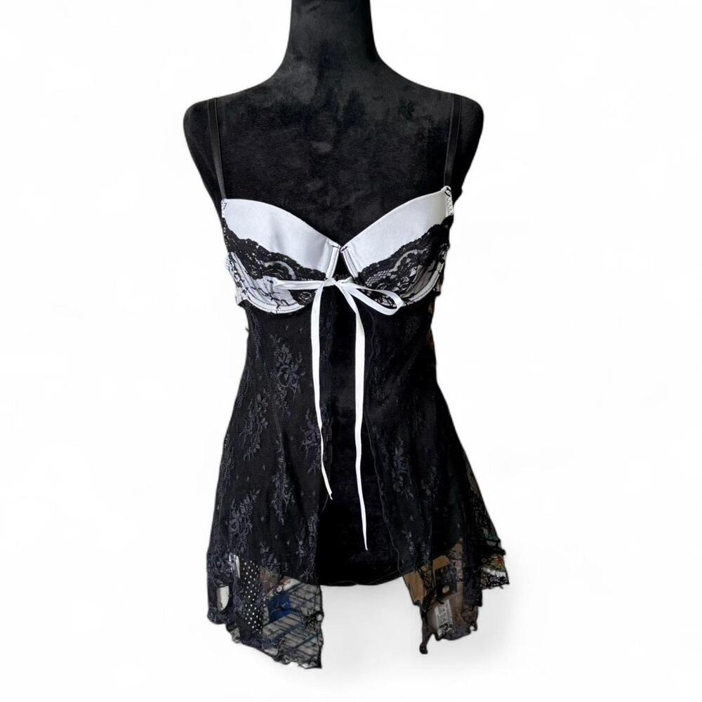 Y2K Sheer Black Lace Lingerie Babydoll – coquette ribbon trim L